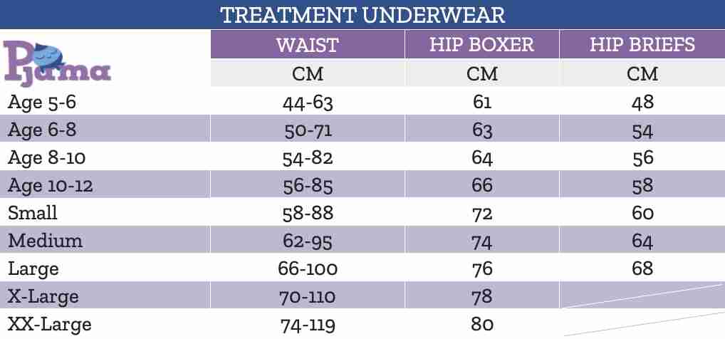 Size guide Pjama treatment boxers and briefs