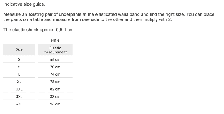 Size Guide incontinence underwear men